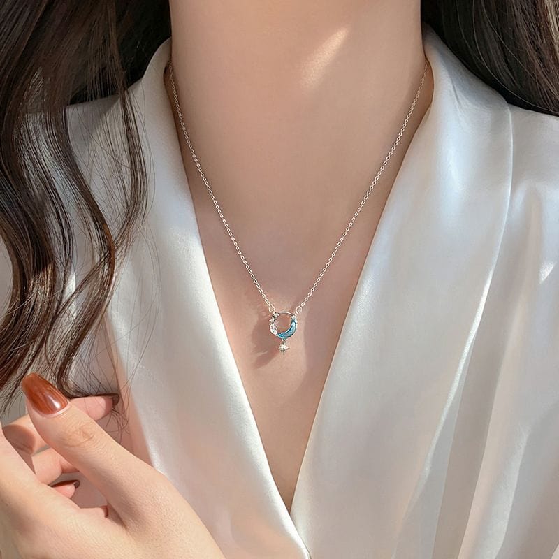 Dainty CZ Inlaid Turquoise Moon Phase Star Necklace