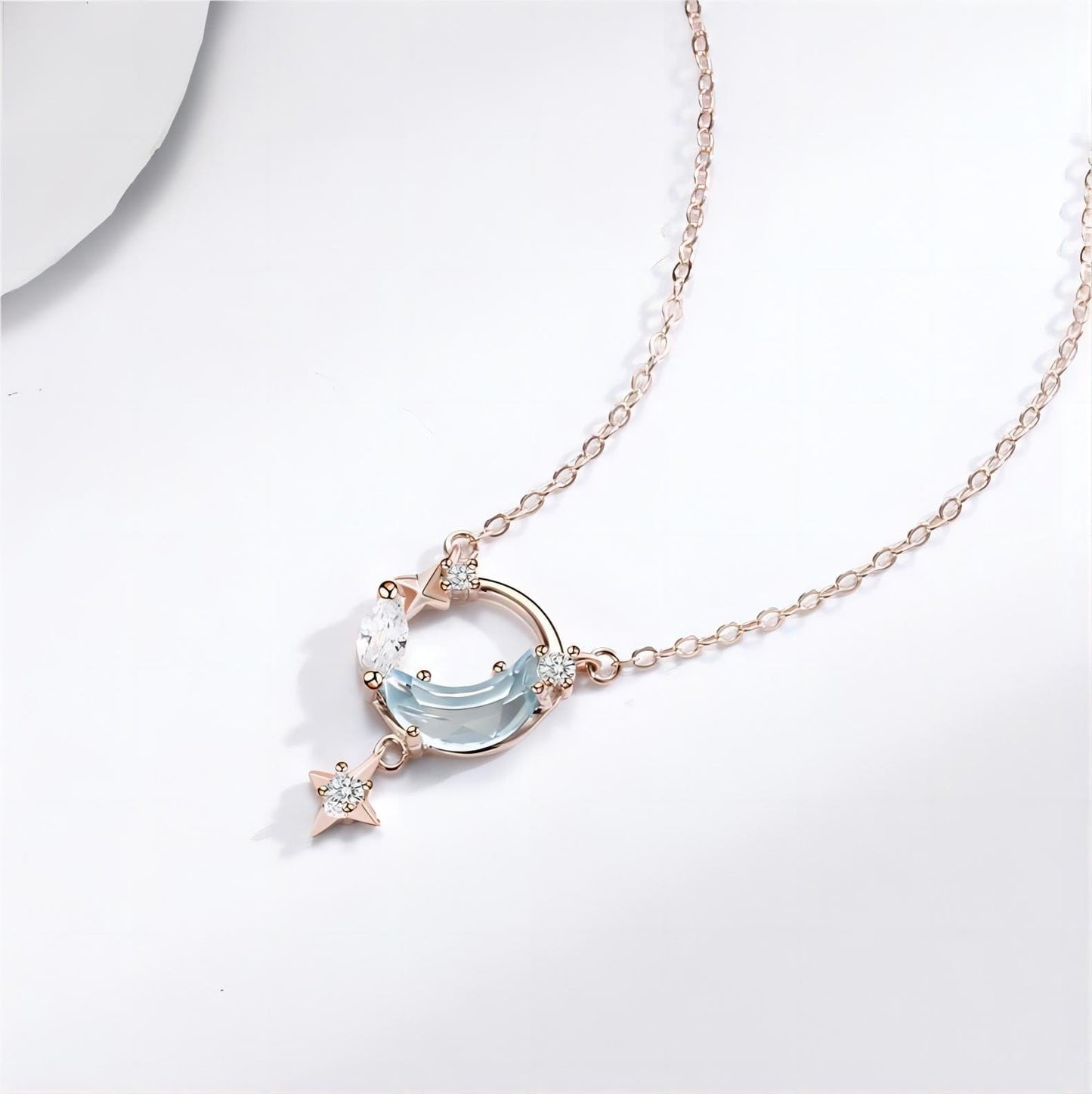 Dainty CZ Inlaid Turquoise Moon Phase Star Necklace