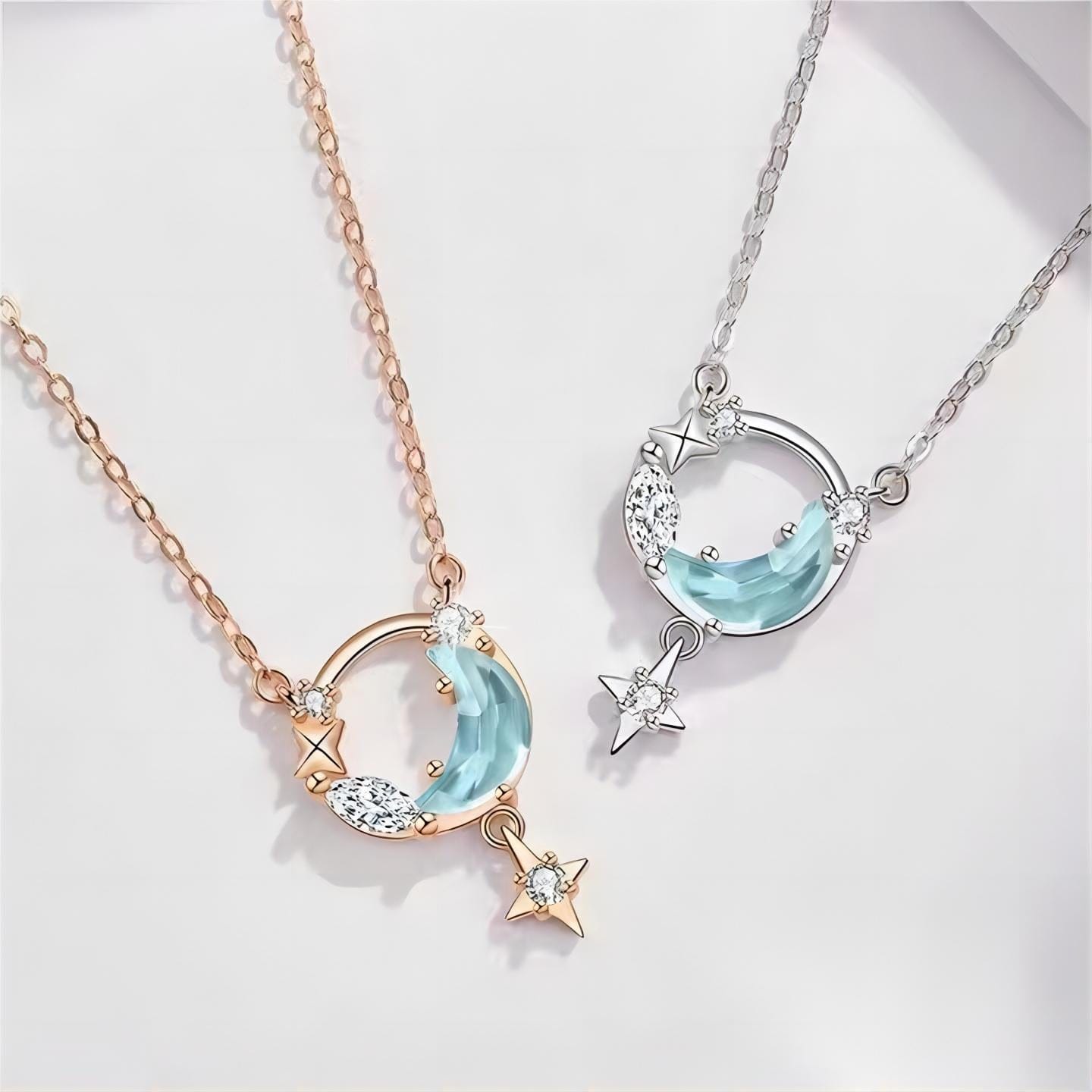 Dainty CZ Inlaid Turquoise Moon Phase Star Necklace