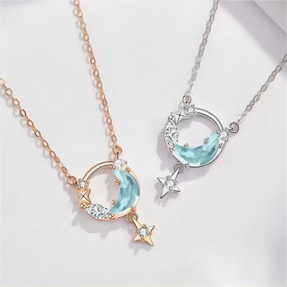 Dainty CZ Inlaid Turquoise Moon Phase Star Necklace